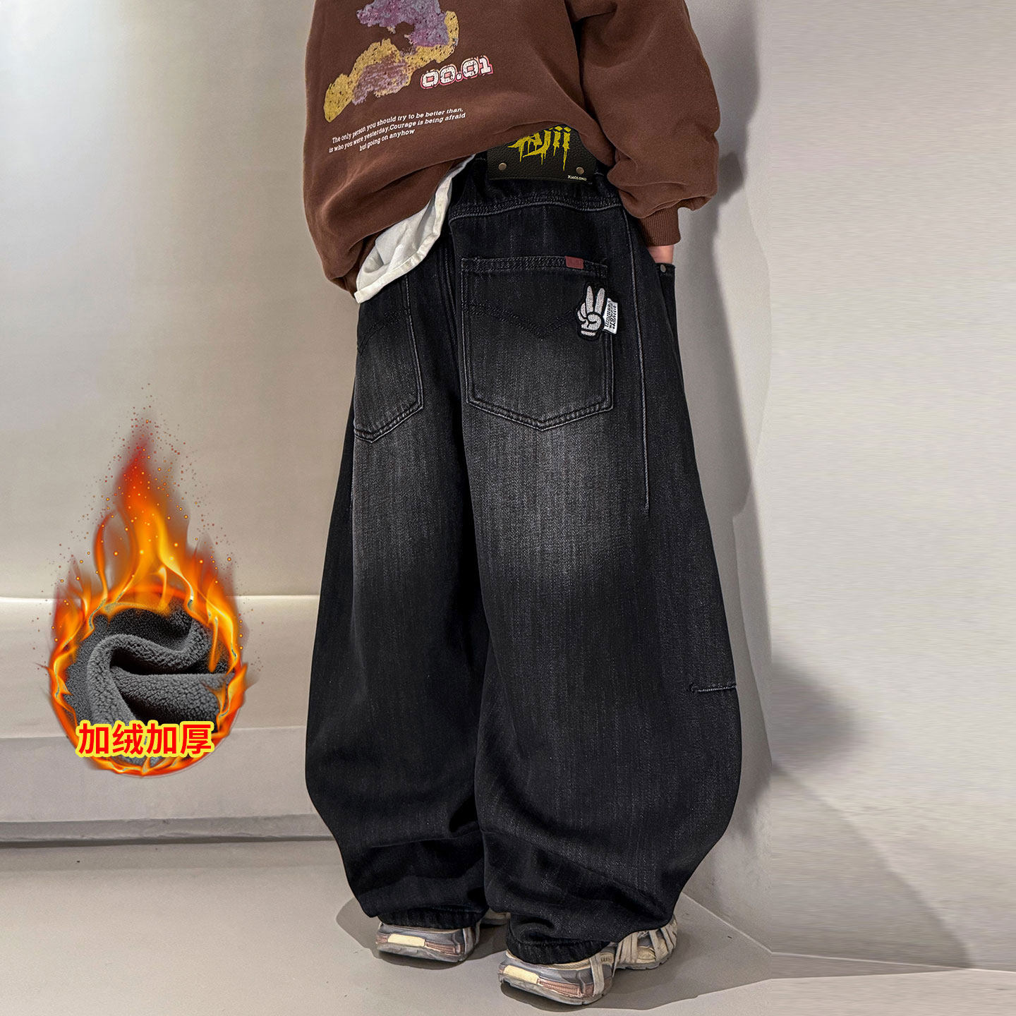 男童加绒裤子冬季2025新款儿童一体绒加厚牛仔裤男孩痞帅风弯刀裤,童装/婴儿装/亲子装,儿童牛仔裤,淘宝优惠券,粉丝福利购,淘宝优惠卷