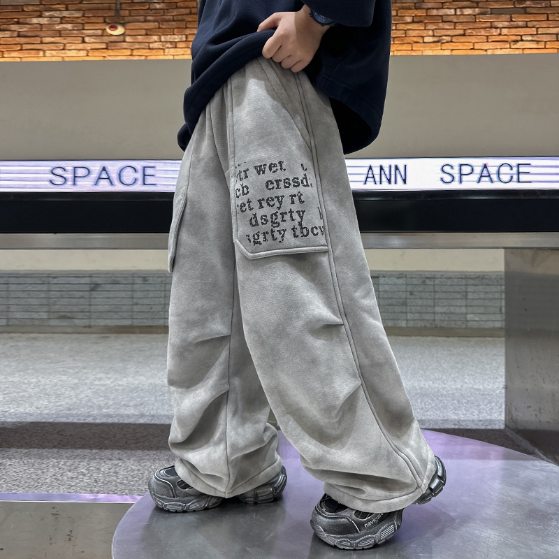 口袋字母加绒阔腿裤男童秋冬款