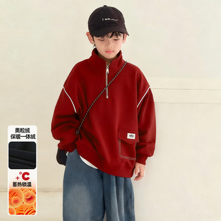 男童超好看红色卫衣2025新款青少年男孩洋气冬装儿童加绒加厚上衣
