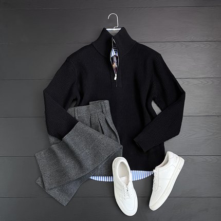 CssuGent冬季可翻高领羊毛混纺针织毛衣男厚款抗起球保暖半开打底