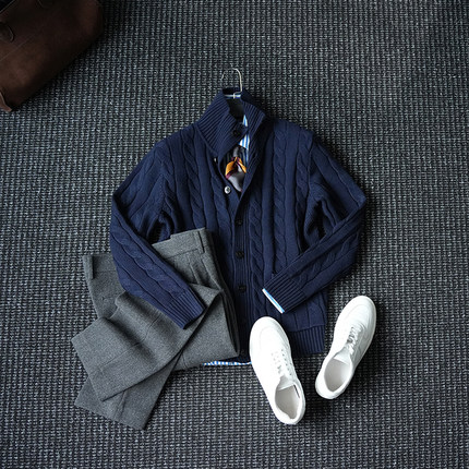 CssuGent老钱风立领麻花羊毛混纺针织衫外套男恩巴风复古新贵毛衣