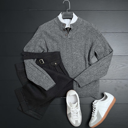 CssuGent 高端绵羊毛 半开保暖针织毛衣男休闲绞花重工冬季打底衫