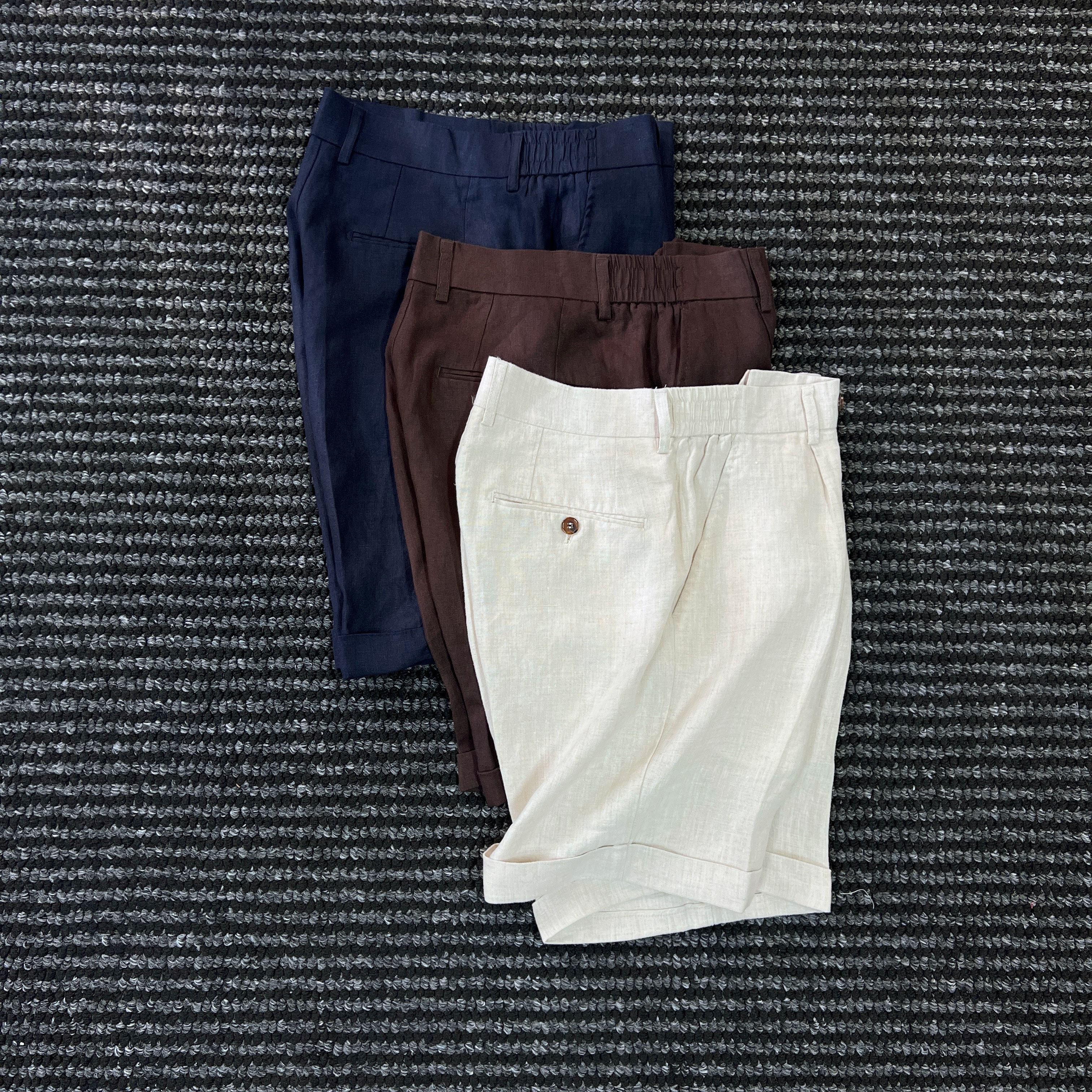 CssuGent那不勒斯皇后100亚麻老钱风松紧腰不过膝短裤男绅士裤子