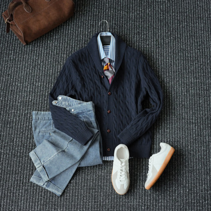 CssuGent 那不勒斯 100%棉高定青果领绞花毛衣外套男厚款针织开衫