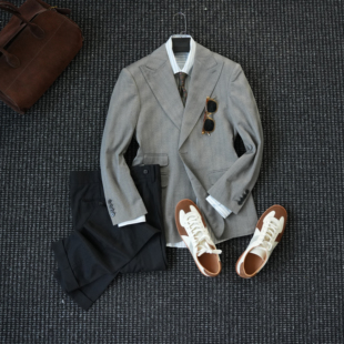西装 CssuGent绅士优雅 那不勒斯戗驳领单排扣灰色西服男商务正装
