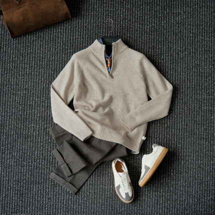 CssuGent 100%绵羊毛 插肩袖厚款高领半开针织毛衣男复古老钱毛衫