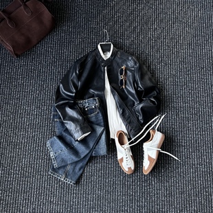 痞帅高端皮衣外套潮 立领机车皮夹克男修身 CssuGent冬季 优雅插肩袖