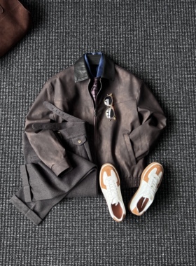 CssuGent秋冬美式老钱复古做旧皮衣外套男时尚高级感休闲通勤夹克