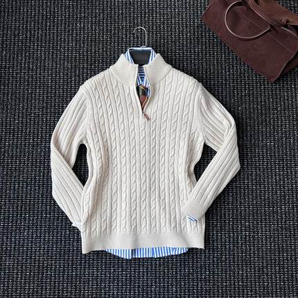 CssuGent秋冬时尚半高领麻花老钱风针织羊毛衫男厚款保暖半开毛衣