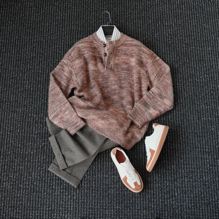 CssuGent 羊毛混纺 花纱厚款亨利领保暖毛衣男休闲雅痞老钱针织衫