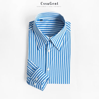 那不勒斯复古大尖领条纹长袖衬衫男士绅装商务休闲蓝条纹四季衬衣