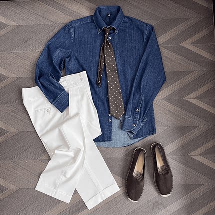 休闲意式纽扣尖领牛仔衬衫男时尚复古商务通勤绅装长袖牛仔衬衣潮