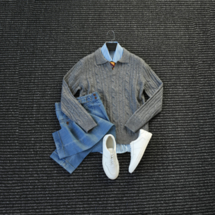 CssuGent 羊毛混纺 高定麻花海鸥领针织POLO衫男休闲商务老钱毛衣