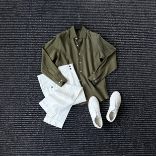 CssuGent绅士老钱 男初秋透气商务衬衣潮 设计美学军绿色亚麻衬衫