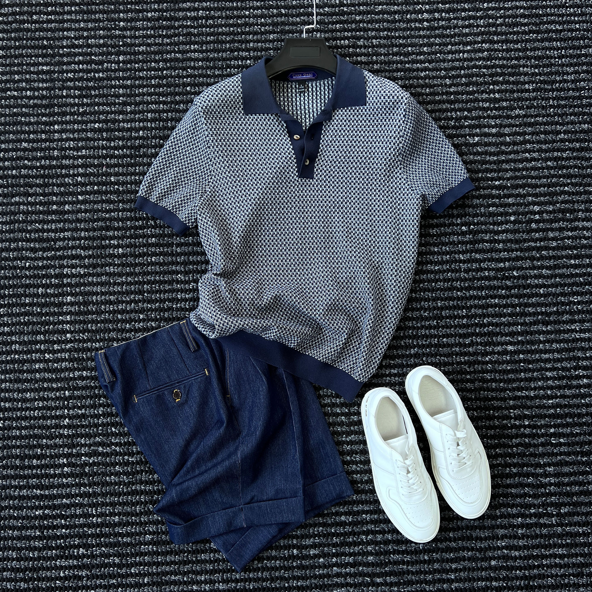 细格针织短袖polo衫男