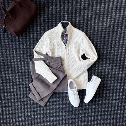 CssuGent冬季厚款恩巴风麻花针织毛衣开衫外套男绅士通勤老钱针织