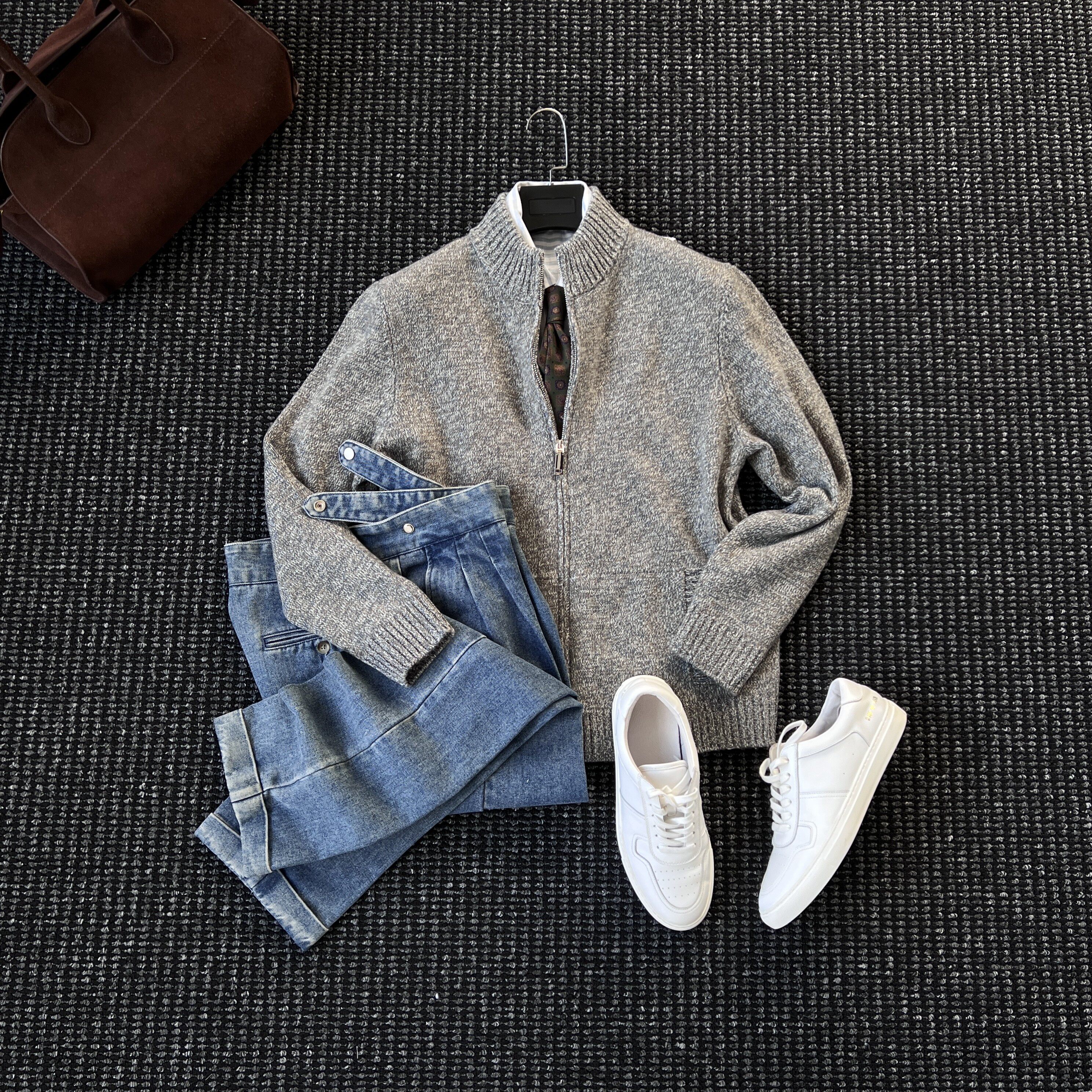 CssuGent(100%绵羊毛) 厚款花纱立领针织开衫毛衣男保暖纯色外套