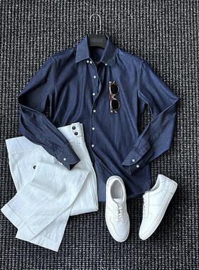 CssuGent定制级那不勒斯100%棉水洗牛仔衬衫男复古绅士休闲衬衣