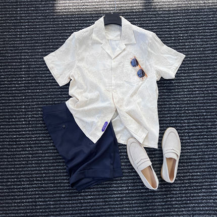 CssuGent绅士优雅老钱提花老钱风古巴领花衬衫男松弛感度假衬衣