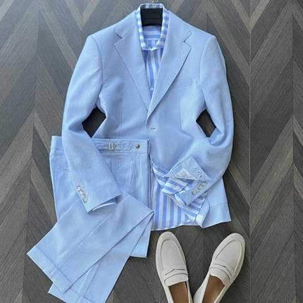 早秋肌理感泡泡纱浅蓝条老钱风西服套装男士商务通勤薄款西服