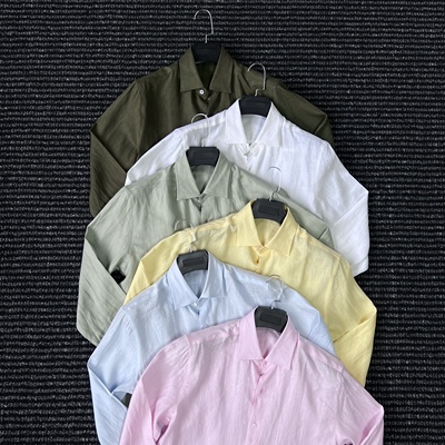 CssuGent那不勒斯皇后100亚麻老钱风衬衫男夏季薄款经典长袖衬衣