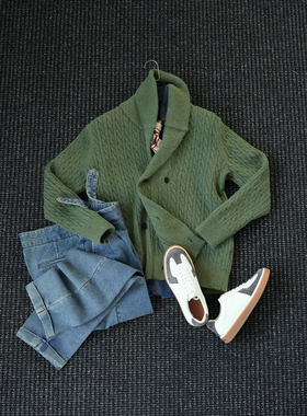 CssuGent那不勒斯皇后 小众青果领厚款保暖开衫毛衣男双排扣外套