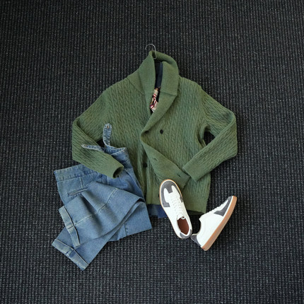 CssuGent那不勒斯皇后 小众青果领厚款保暖开衫毛衣男双排扣外套