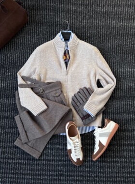 CssuGent(100%绵羊毛) 时尚老钱立领针织开衫外套男绅士休闲毛衣