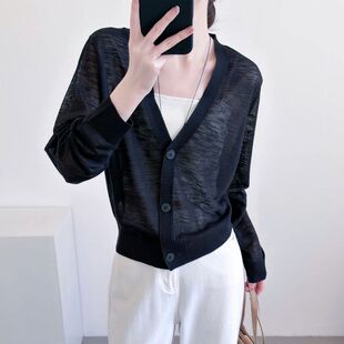 黑色亚麻冰丝针织开衫女夏季显瘦V领空调衫披肩外搭短款轻薄外套