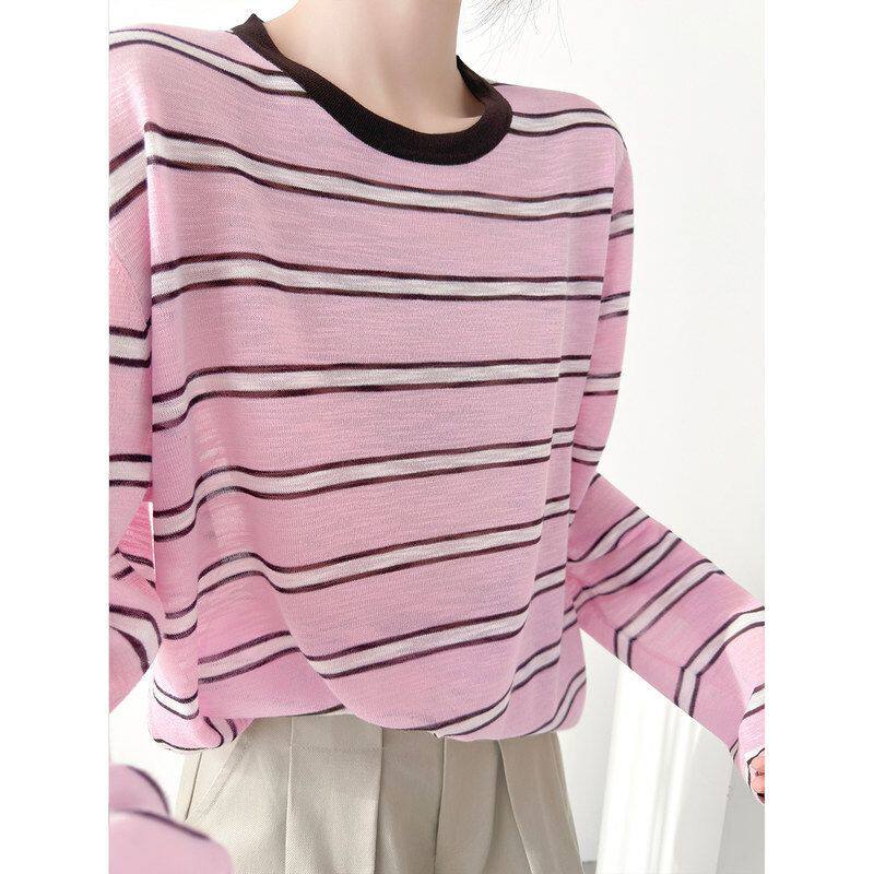 撞色条纹冰丝针织衫女2026春夏季新款宽松轻薄透气防晒罩衫上衣