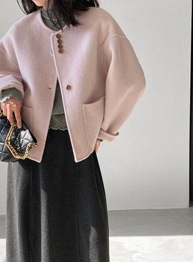 香芋色韩系廓形圆领小个子双面羊毛外套女冬季宽松上衣 8538