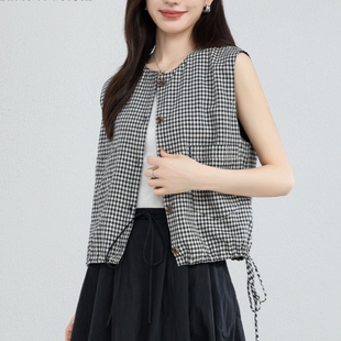民族风无袖 外搭坎肩森女文艺范复古黑白格抽绳收腰马甲外套女