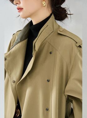 25秋新帅气立领垂顺不易皱绒感拼皮通勤休闲中长款风衣外套23066