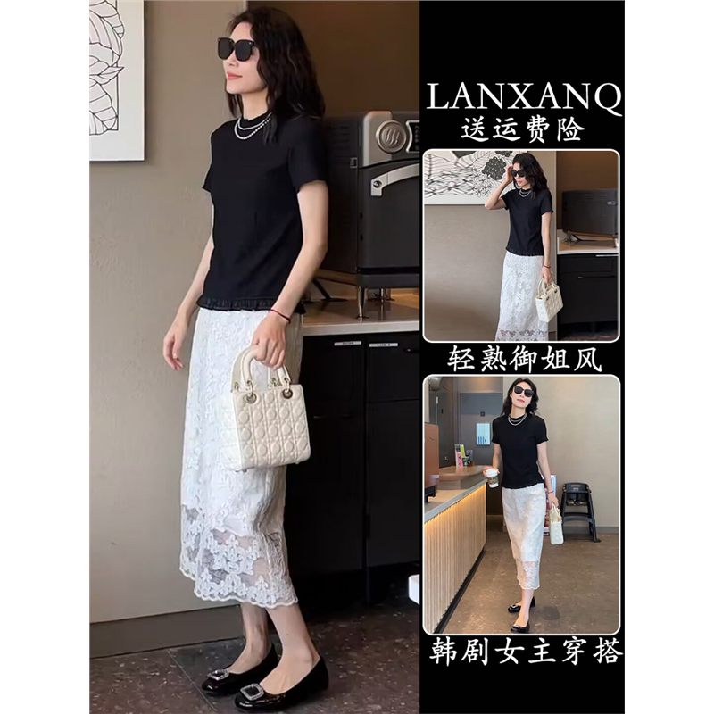 夏装搭配一整套韩系小香风设计感黑色T恤上衣提花半身裙两件套装