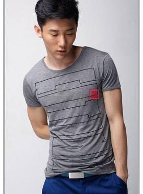 罗马世家&CITING缇綎正品 灰色几何图天丝凉爽潮圆领男短袖T恤 帅