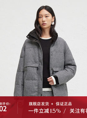播立领格纹羊毛面料羽绒服女24冬季新款气质宽松外套DDR4RD5103