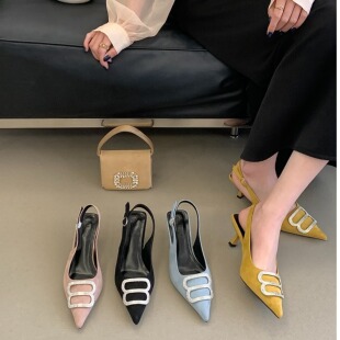 韩系尖头后绊带细跟凉鞋女2026年春夏季新款包头水钻方扣高跟单鞋