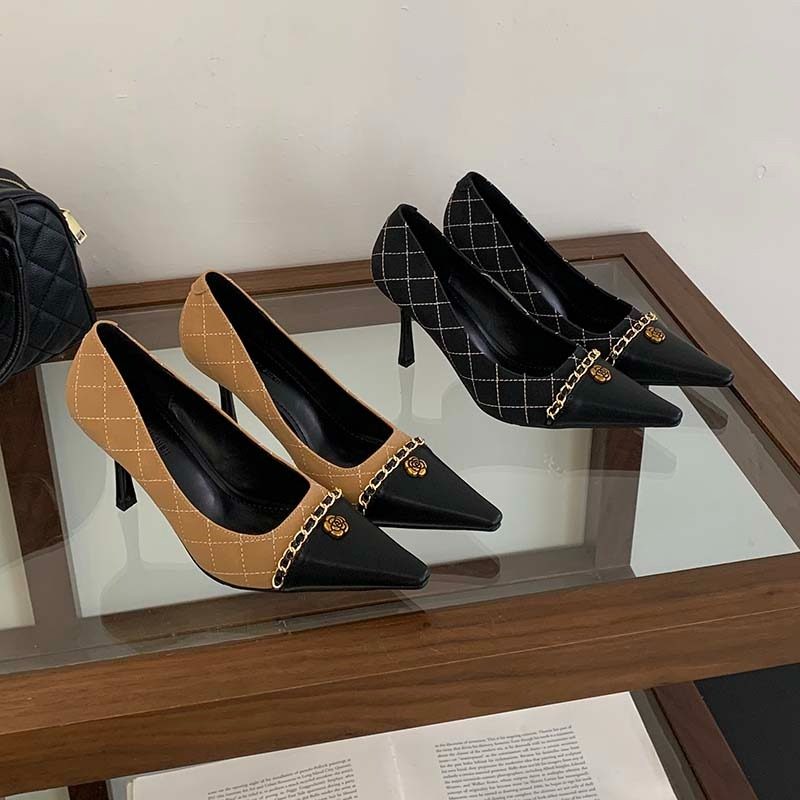 小香风同款高跟鞋2025冬季新款尖头后空包头凉鞋黑色性感细跟女鞋