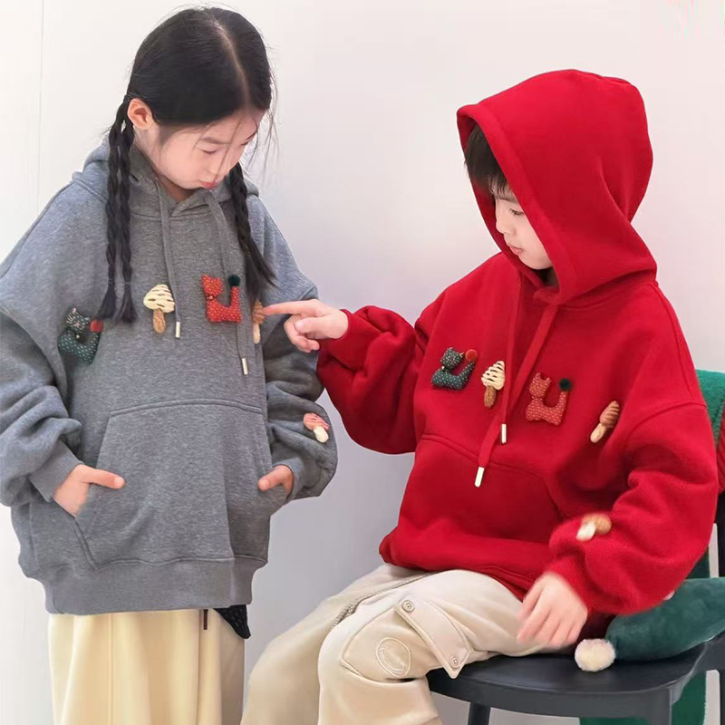 【现货】童装男童女童连帽卫衣2025冬季儿童圣诞卫衣加绒红色亲子