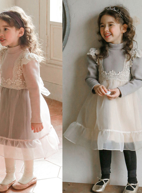 现货韩国flo童装女童连衣裙2022冬公主裙蕾丝蓬蓬裙甜美花边加绒