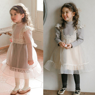 现货韩国flo童装 女童连衣裙2022冬公主裙蕾丝蓬蓬裙甜美花边加绒