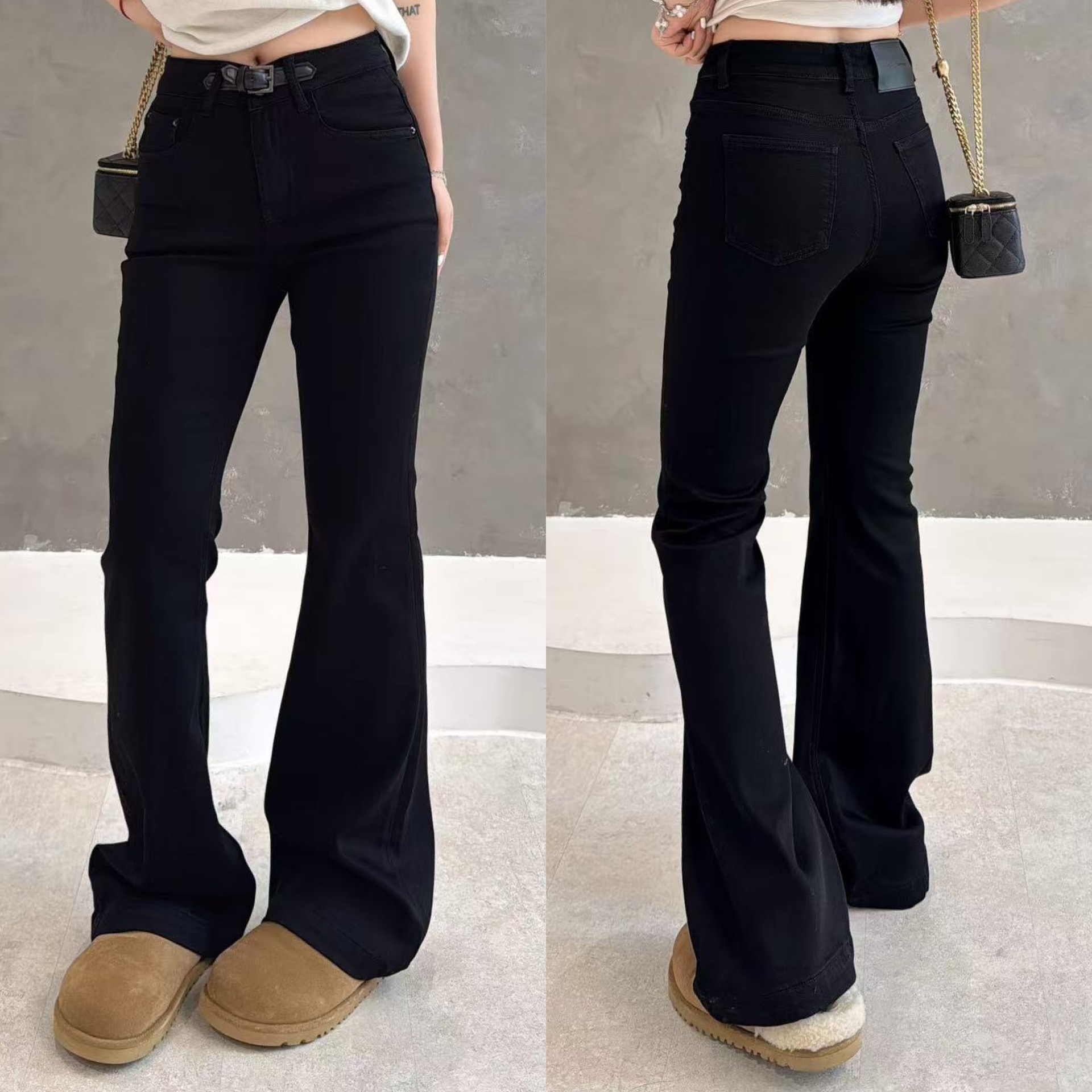 欧洲站2025秋冬新款高腰皮质扣袢设计弹力显瘦微喇黑色牛仔裤长裤