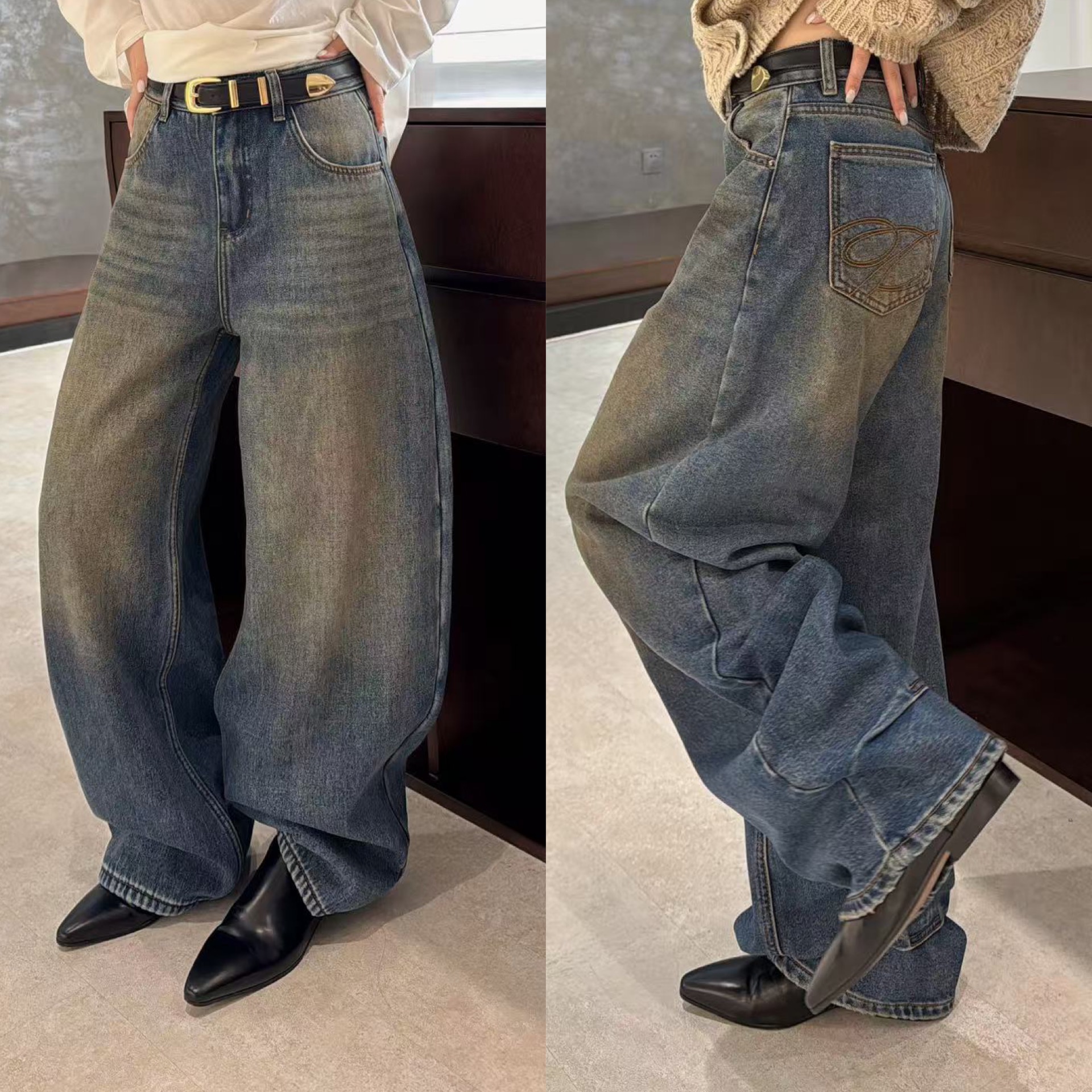 欧洲站2025冬季欧货加绒阔腿慵懒牛仔裤复古做旧美式口袋刺绣长裤