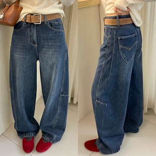 配腰带牛仔长裤 加厚绒侧压线拼接慵懒弯刀裤 女 新款 欧洲站2025冬季