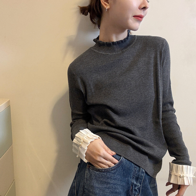 欧洲站2025秋冬立领木耳花边设计弹力显瘦袖口拼接钉珠针织衫上衣