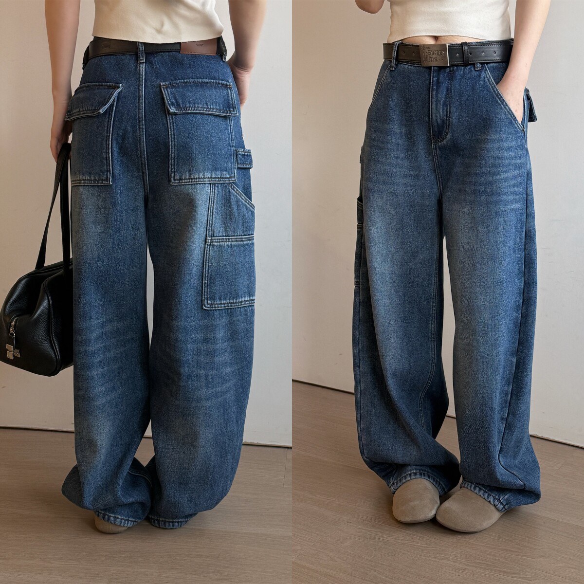 欧洲站2025冬季新款慵懒时尚工装风后口袋扣袢设计水洗深蓝牛仔裤