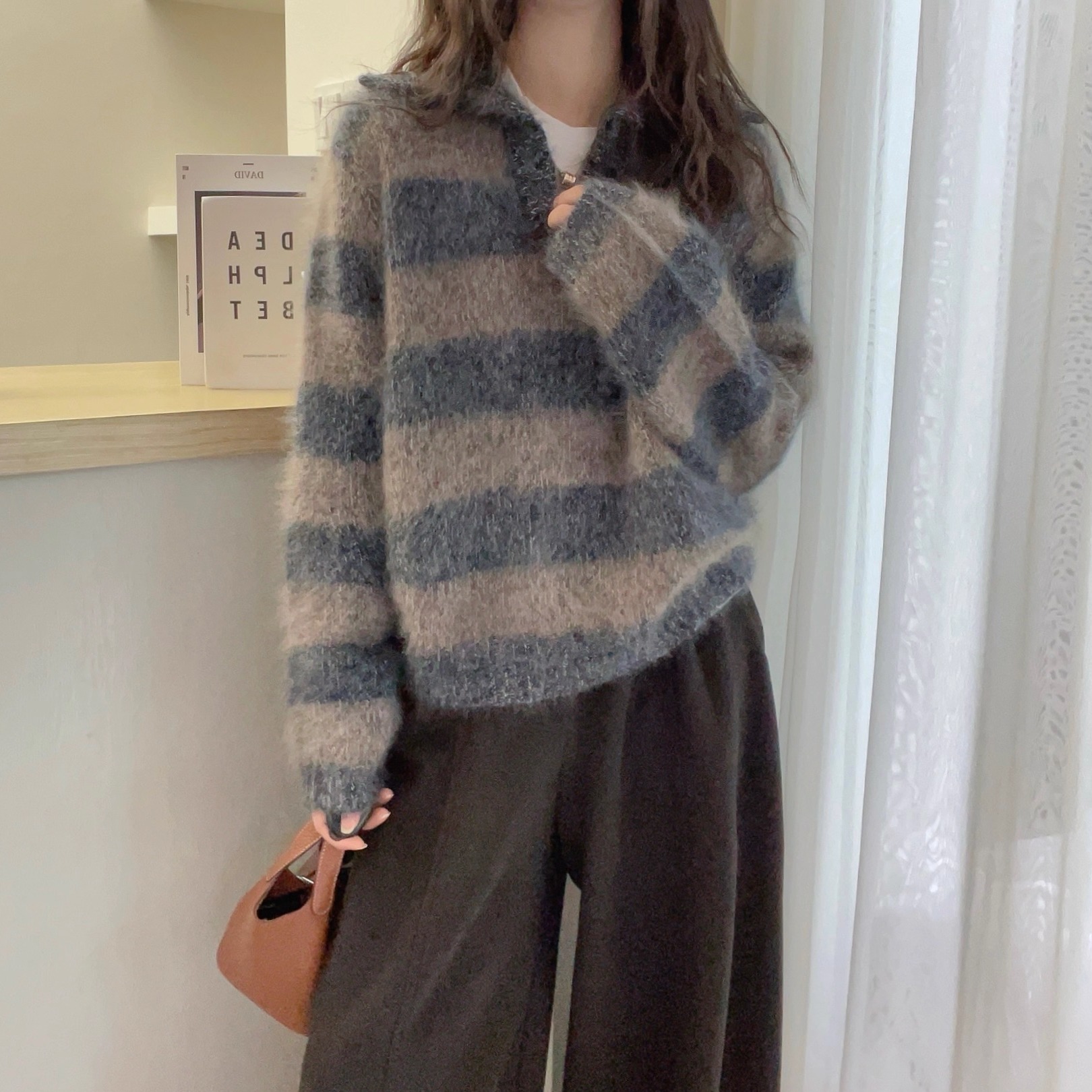 欧洲站2025秋冬新款POLO剪刀领慵懒宽松落肩袖拉毛羊绒针织衫毛衣