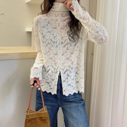 欧洲站2025冬季新款堆堆领净版前开叉排扣设计钩花刺绣蕾丝小衫潮