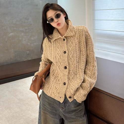 欧洲站2025冬季新款厚织菱格麻花羊毛针织衫欧货翻领排扣毛衣开衫