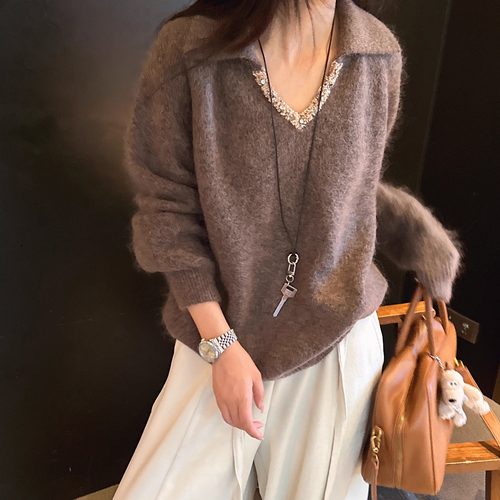 风气质领口钉珠重工马海毛毛衣